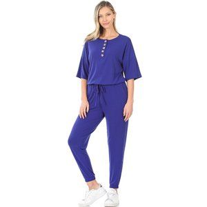 Women's Sporty Chic Casual Jumper Elastic Waistband & Top Buttons Blue